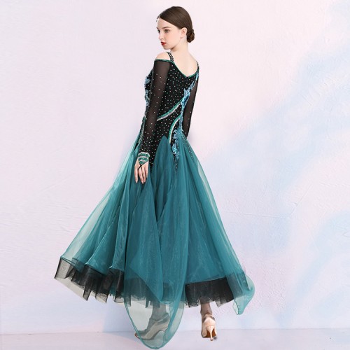 Women's girls peacock blue  with black competition ballroom dance dress stage performance waltz tango dance dress for female